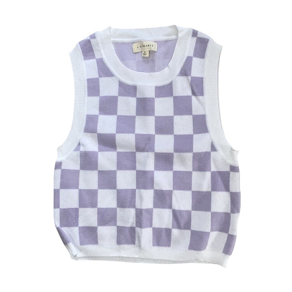 L.A. Hearts Purple Checkered Sweater Vest - Pastel Gingham Knit - Size Small
